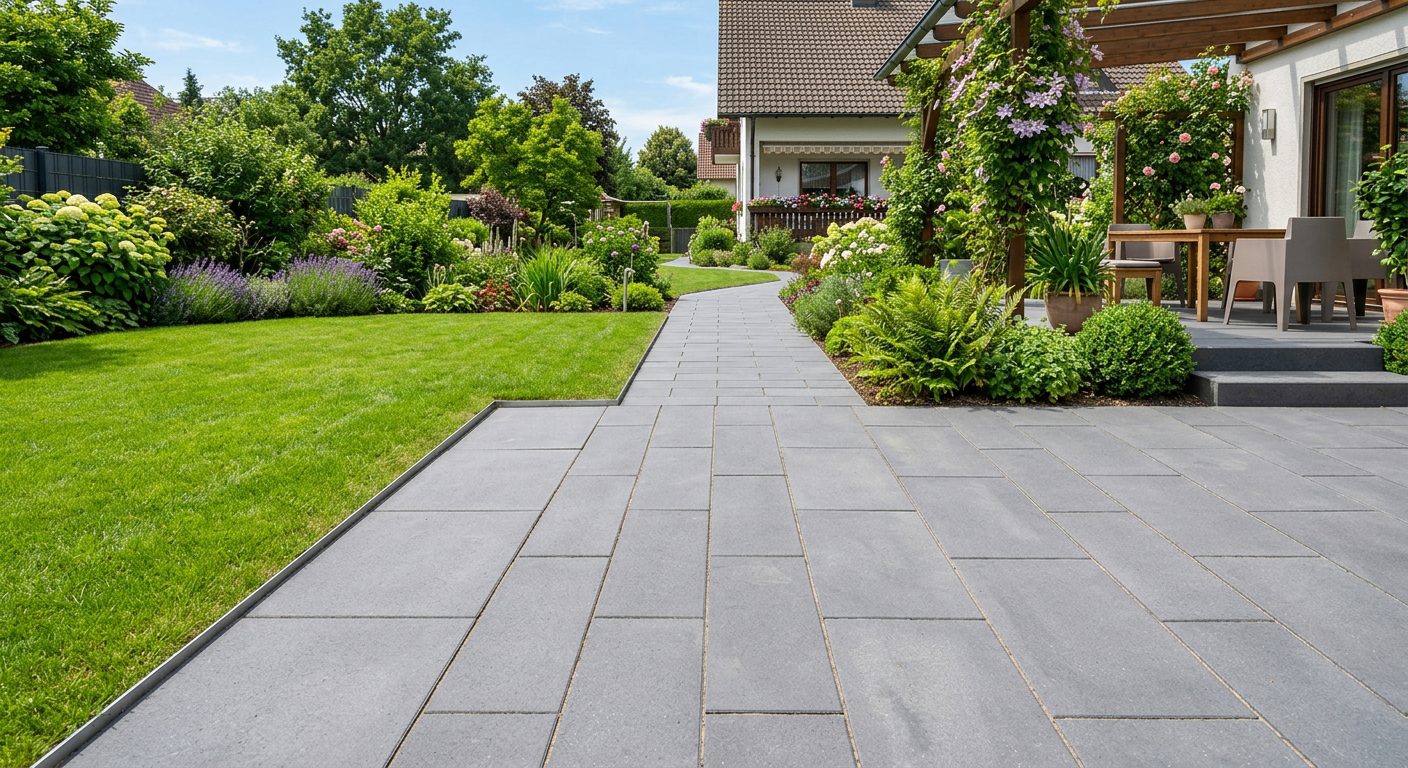 Nachher: Neue Pflasterung Terrasse und Gartenweg – Pflasterarbeiten Wunstorf