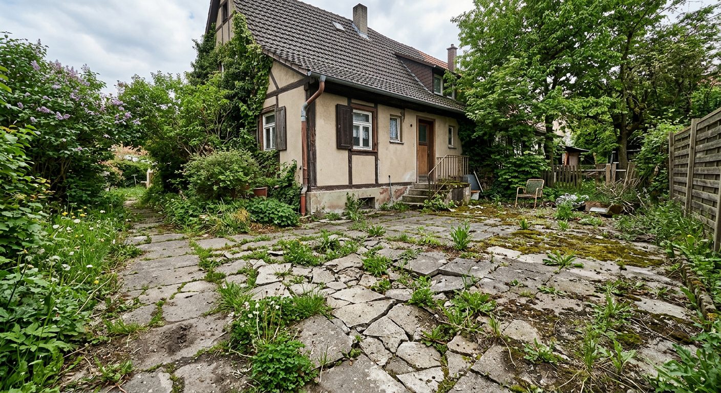 Vorher: Alter beschädigter Gartenweg vor der Pflasterung – Pflasterarbeiten Hannover