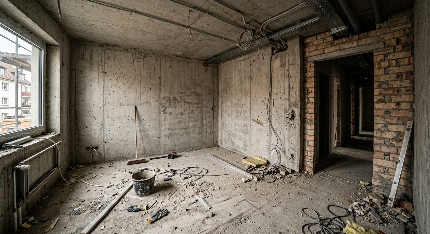 Vorher: Rohbau ohne Trockenbau – Rigipswände Hannover