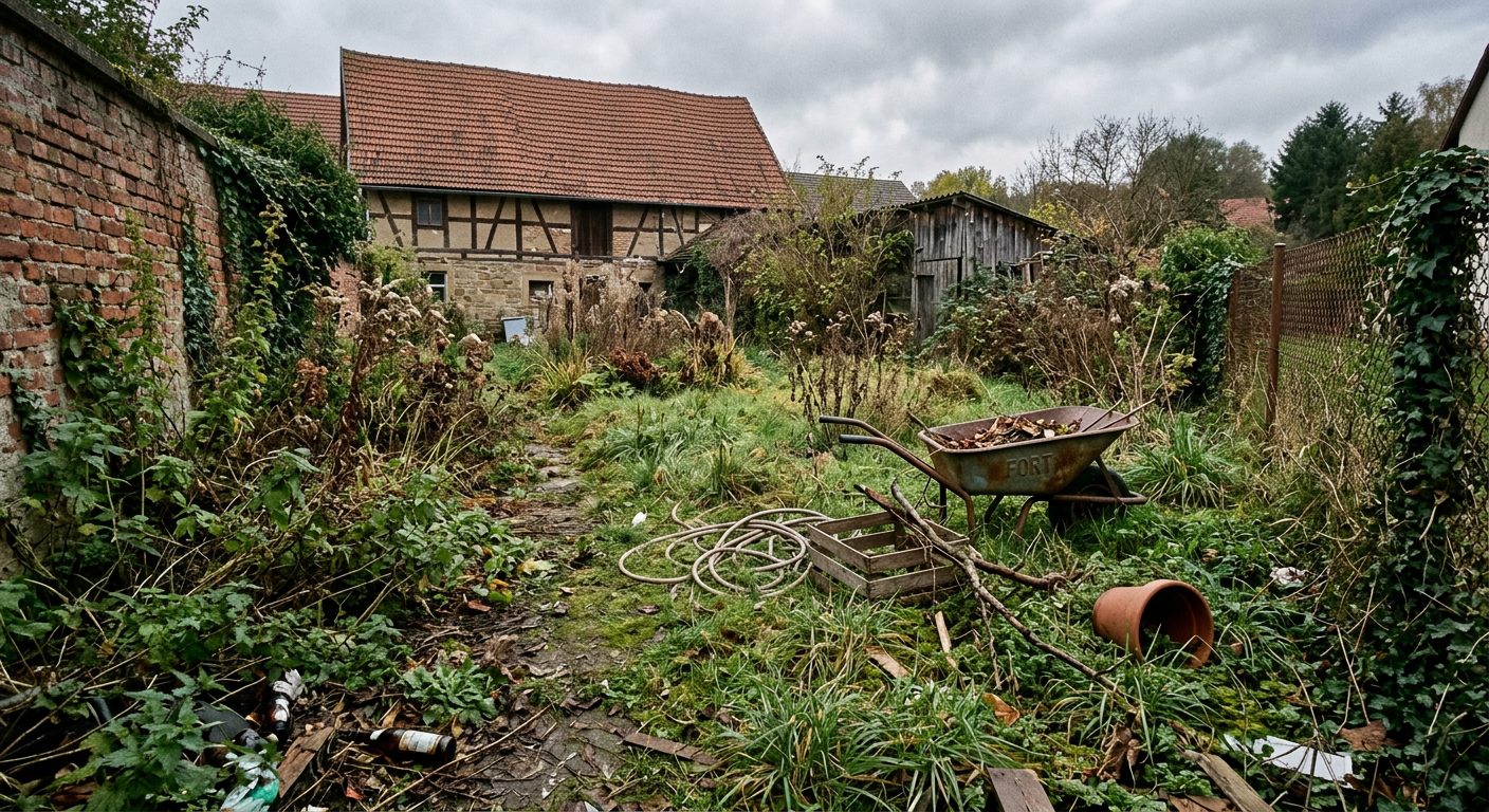 Vorher: Verwilderter Garten vor den Gartenarbeiten – Gartenarbeiten Hannover
